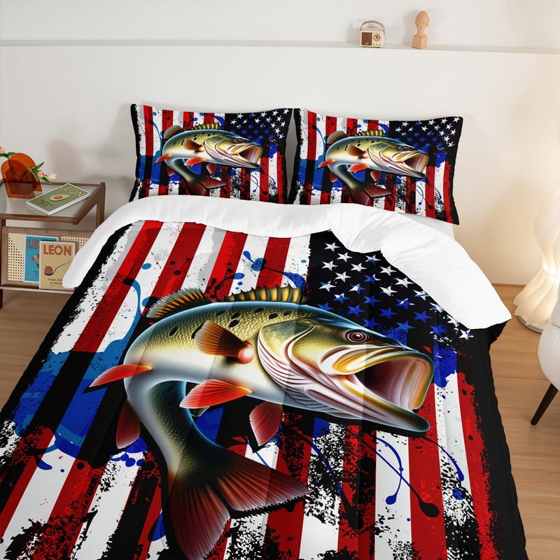 HOSIMA Big Pike Fishing Comforter Set,Bass Fish American Flag Pattern Hunting and Fishing Bed Set Twin Size for Boys Room Decor, Twin Bed in a Bag for Teens with 2 Pillowcases. - Image 4