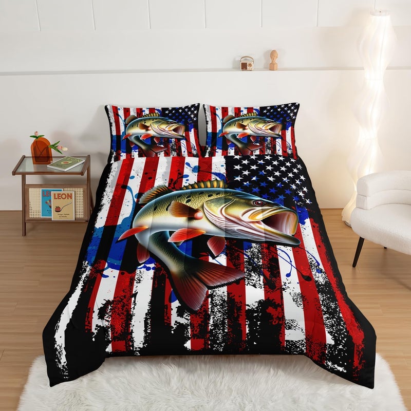 HOSIMA Big Pike Fishing Comforter Set,Bass Fish American Flag Pattern Hunting and Fishing Bed Set Twin Size for Boys Room Decor, Twin Bed in a Bag for Teens with 2 Pillowcases. - Image 3