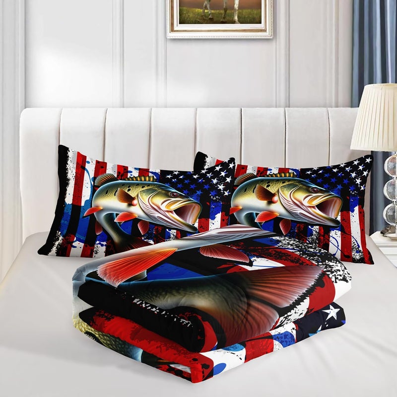 HOSIMA Big Pike Fishing Comforter Set,Bass Fish American Flag Pattern Hunting and Fishing Bed Set Twin Size for Boys Room Decor, Twin Bed in a Bag for Teens with 2 Pillowcases. - Image 5
