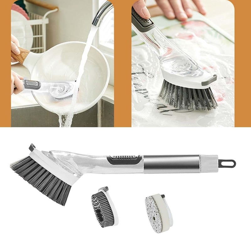 كلاراكو فرشاة غسيل أطباق 3 في 1 بمقبض من الفولاذ المقاوم للصدأ، فرشاة تنظيف الأطباق، فرشاة للتحكم في صابون غسل الأطباق، فرشاة تنظيف للأواني والمقالي، رمادي - Image 3