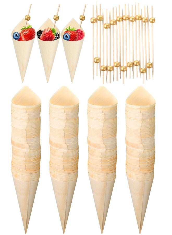 Queekay 400 Pcs Disposable Wood Cones Pearl Cocktail Picks Fancy Bamboo Toothpicks for Appetizers Wooden Food Picks Ice Cream Cone Holder Cocktail Skewers for Drinks Wedding Birthday Party Supplies (gold) - Image 1