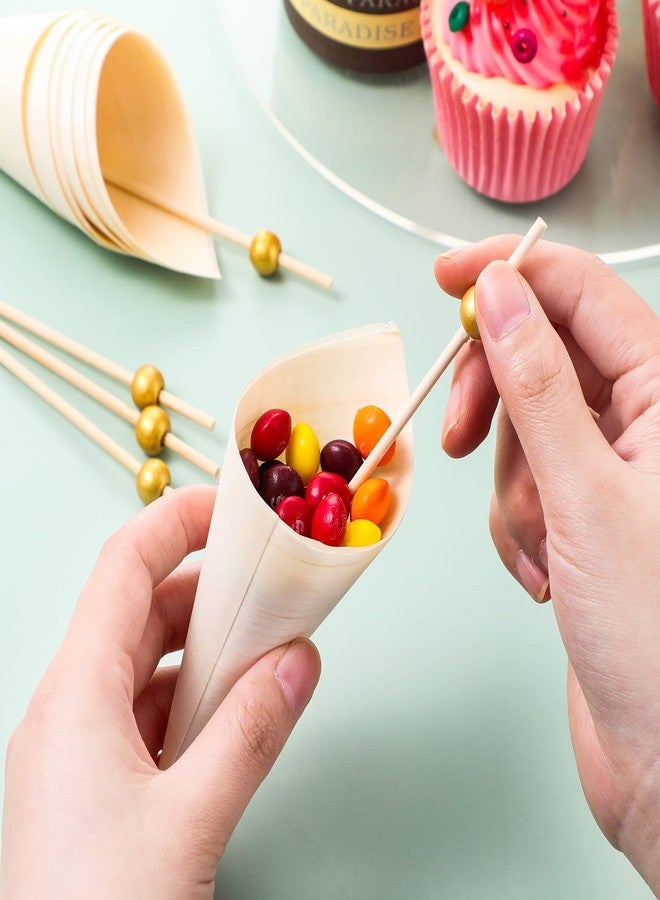 Queekay 400 Pcs Disposable Wood Cones Pearl Cocktail Picks Fancy Bamboo Toothpicks for Appetizers Wooden Food Picks Ice Cream Cone Holder Cocktail Skewers for Drinks Wedding Birthday Party Supplies (gold) - Image 4