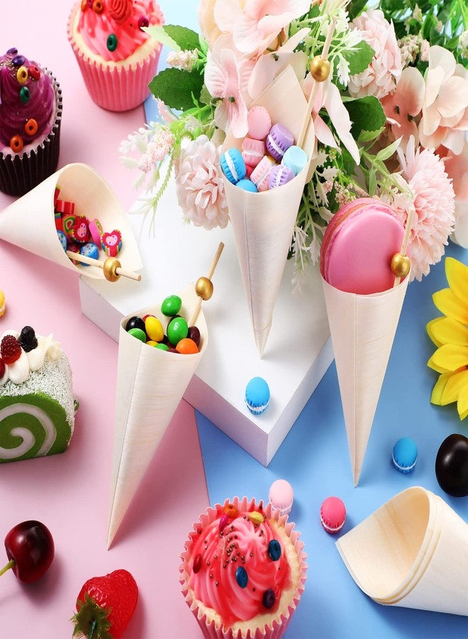 Queekay 400 Pcs Disposable Wood Cones Pearl Cocktail Picks Fancy Bamboo Toothpicks for Appetizers Wooden Food Picks Ice Cream Cone Holder Cocktail Skewers for Drinks Wedding Birthday Party Supplies (gold) - Image 5