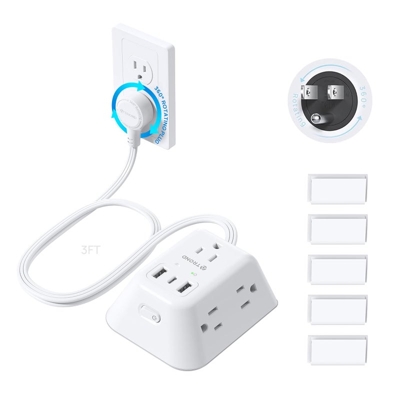 TROND 360Â° Rotating Plug Power Strip, 3FT Short Extension Cord with Multiple Outlets and 3 USB Ports, 1440 Joules Wall Mount Surge Protector for Bedroom Kitchen Office Dorm Room, White - Image 1