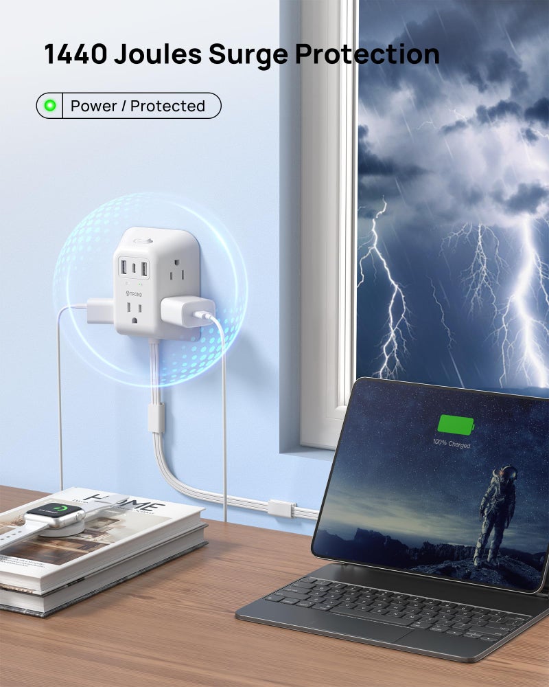 TROND 360Â° Rotating Plug Power Strip, 3FT Short Extension Cord with Multiple Outlets and 3 USB Ports, 1440 Joules Wall Mount Surge Protector for Bedroom Kitchen Office Dorm Room, White - Image 4