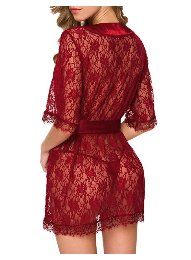 Satin Trimmed Lace Robe, Short Kimono Style Sleepwear for Women - Image 4