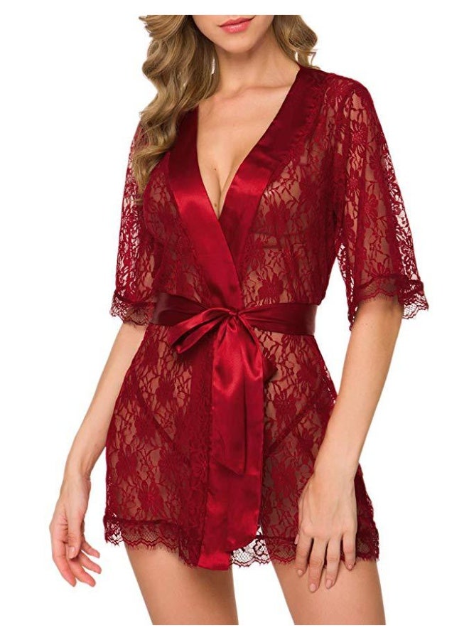 Satin Trimmed Lace Robe, Short Kimono Style Sleepwear for Women - Image 1
