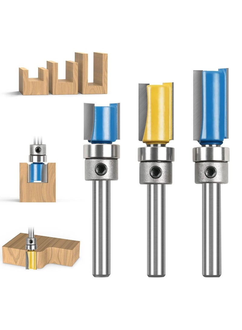 SYOSI Straight Router Bit Set 3PCS 1/4 Shank Flush Trim Bit, Pattern Bits Milling Cutter Tool with Top Bearing for Carpenter DIY Woodworking  - Image 1