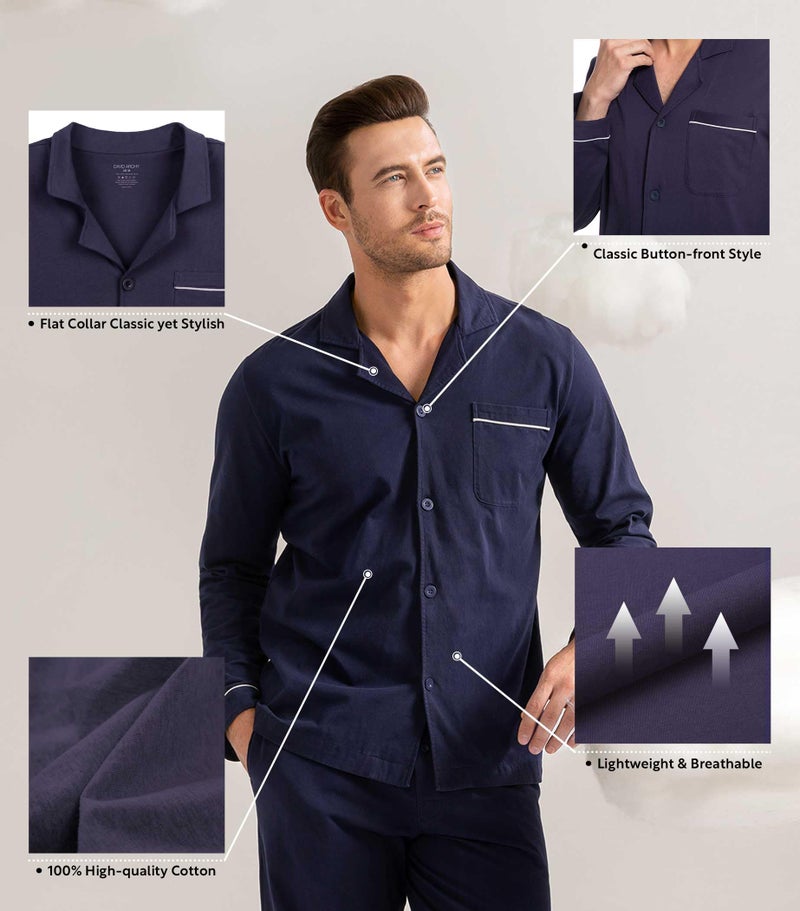 DAVID ARCHY Mens Pajamas Set Soft Cotton Notched Collar Pajamas for Men Long Sleeve Mens Sleepwear with Pockets & Front Fly (L, Navy Blue) - Image 3