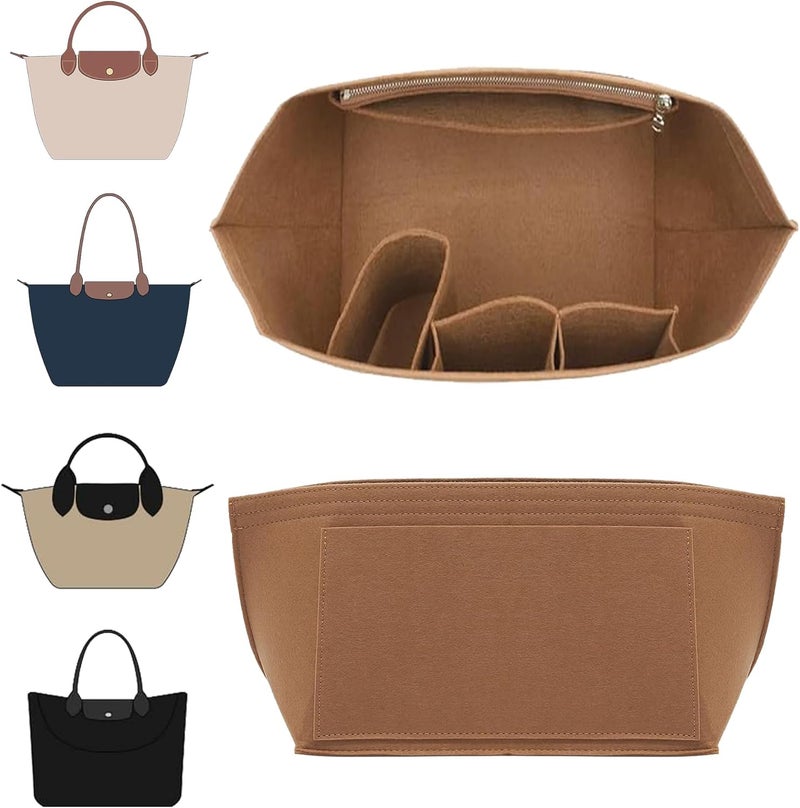 حشوة منظم حقيبة دوكسو متوافقة مع Longchamp Le Pliage كبير والمزيد، حشوة منظم حقيبة مع حامل أكواب، 8 أقسام (بني ذهبي، L) - Image 1