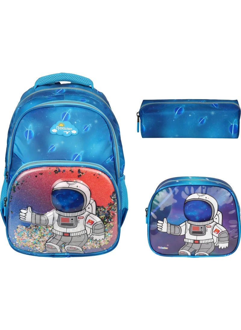 ريلاكسن Embossed Astronaut Figured Sequined 3-Piece Primary School Bag Lunch Pencil Case Set 1370