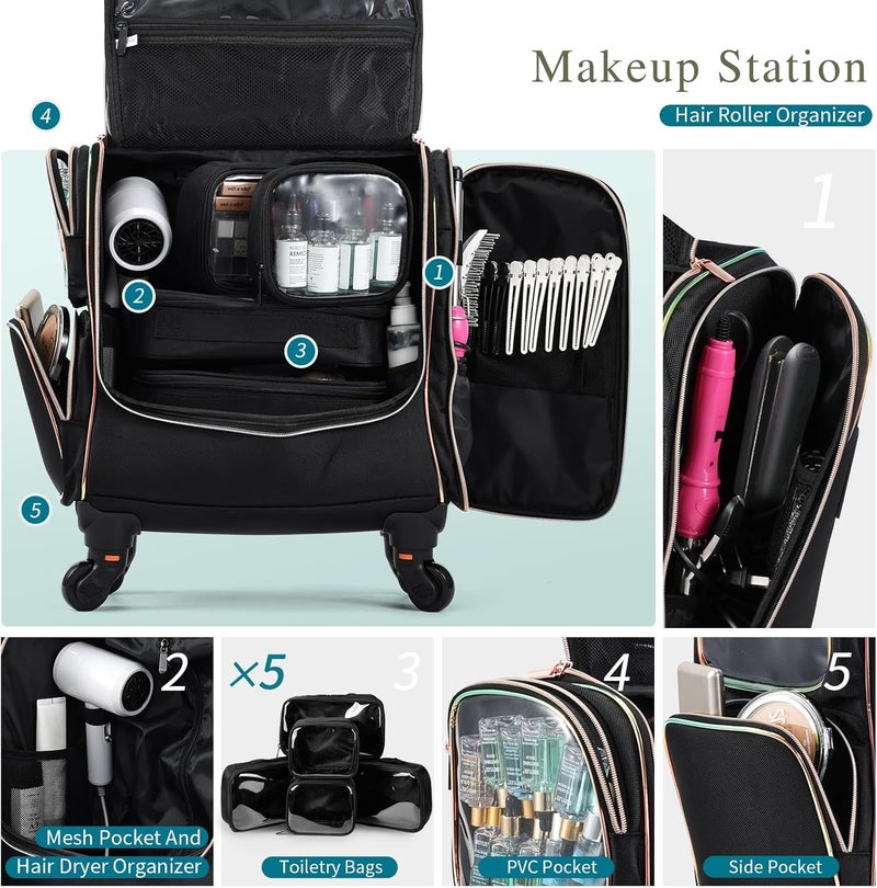 Stagiant Rolling Makeup Train Case, Professional Makeup Case, Travel Cosmetic Organizer Make Up Storage Bag for Makeup Artist, Hairstylist, Barbers, with 5 Toiletry Bags, Black - Image 3