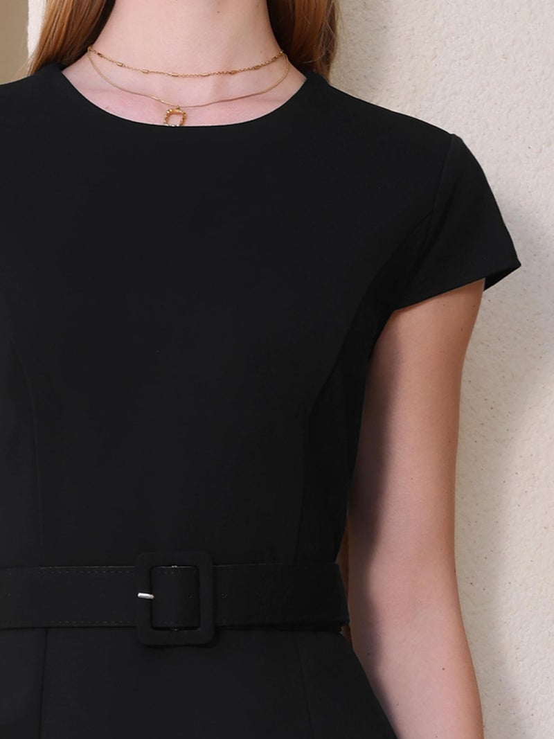 Hobemty Women's Knee Length Pencil Dress Cap Sleeve Belted Wear to Work Sheath Dresses XX-Large Black - Image 4
