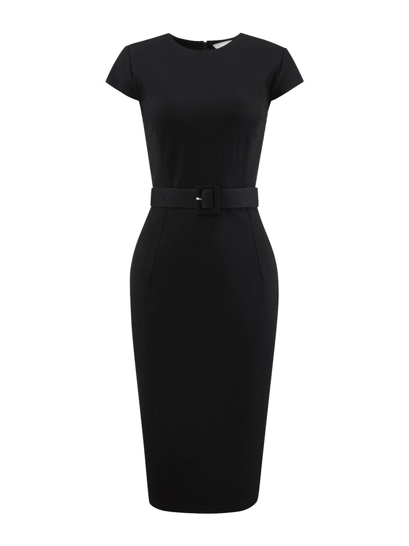 Hobemty Women's Knee Length Pencil Dress Cap Sleeve Belted Wear to Work Sheath Dresses XX-Large Black - Image 1