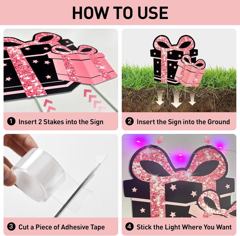 ComboJoy Sweet 16 Birthday Decorations - 7 Pcs Black & Pink Sweet 16 Yard Signs with Stakes, 2 Pcs LED Lights, Sparkling at Night, Weatherproof, Perfect Outdoor Lawn Decorations - Image 5