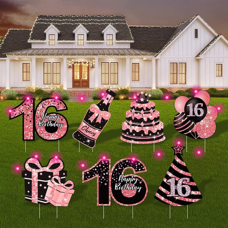 ComboJoy Sweet 16 Birthday Decorations - 7 Pcs Black & Pink Sweet 16 Yard Signs with Stakes, 2 Pcs LED Lights, Sparkling at Night, Weatherproof, Perfect Outdoor Lawn Decorations - Image 1