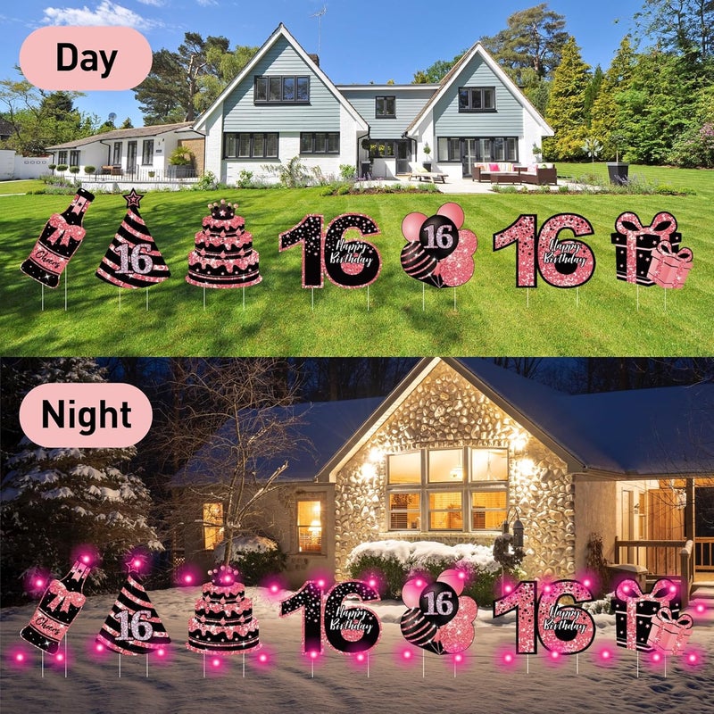 ComboJoy Sweet 16 Birthday Decorations - 7 Pcs Black & Pink Sweet 16 Yard Signs with Stakes, 2 Pcs LED Lights, Sparkling at Night, Weatherproof, Perfect Outdoor Lawn Decorations - Image 3