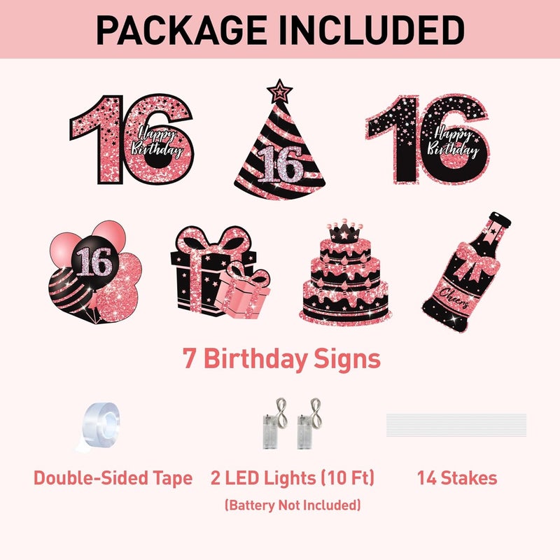 ComboJoy Sweet 16 Birthday Decorations - 7 Pcs Black & Pink Sweet 16 Yard Signs with Stakes, 2 Pcs LED Lights, Sparkling at Night, Weatherproof, Perfect Outdoor Lawn Decorations - Image 2