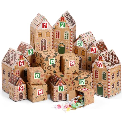 Blosssound 24 Pcs Christmas Advent Calendar Boxes DIY 24 Days Advent Countdown Gift Boxes with Number Stickers Xmas House Square Gift Holders for Holiday Party Decorations Supplies - Image 1