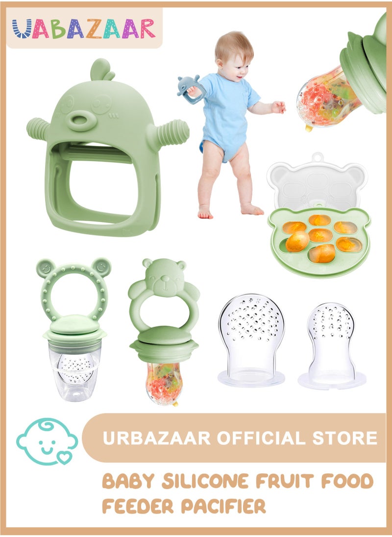 URbazaar Fruit sucker baby, contains 1 silicone fruit suckers, storage of baby food, teething toy for baby, 4 silicone teats in 2 sizes, fruit sucker baby from 6 months, BPA free (green & pink)  - Image 1
