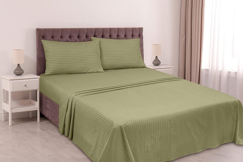ROYALE LINENS طقم شراشف مخططة من رويال لينينز - فراش مايكروفايبر 1800 - 1 شرشف مجهز، 1 شرشف مسطح، 2 كيس وسادة - مقاوم للتجعد والبهتان - طقم شراشف كاملة مخططة داماسك 4 قطع (كامل، أخضر حكيم) - Image 2