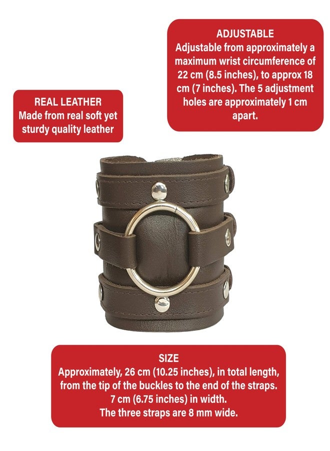 Neptune Giftware Leather Wide Triple Strap Cuff Wrap Gothic Wristband Buckle Fastening - DARK BROWN LEATHER - Image 2