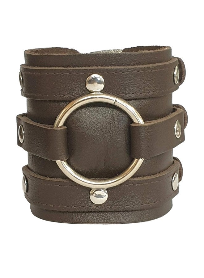 Neptune Giftware Leather Wide Triple Strap Cuff Wrap Gothic Wristband Buckle Fastening - DARK BROWN LEATHER - Image 1
