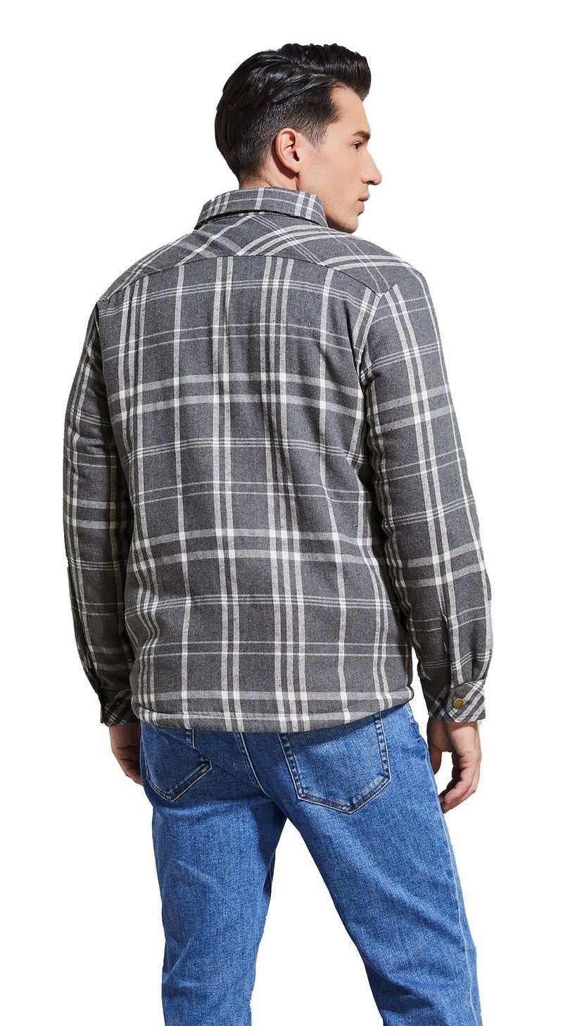 Puwasa Men's Sherpa Lined Cotton Flannel Shirt Jacket Plaid Button Up Jacket Coat for Men with Pocket Grey Medium - Image 5
