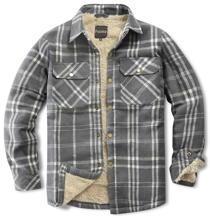 Puwasa Men's Sherpa Lined Cotton Flannel Shirt Jacket Plaid Button Up Jacket Coat for Men with Pocket Grey Medium - Image 1