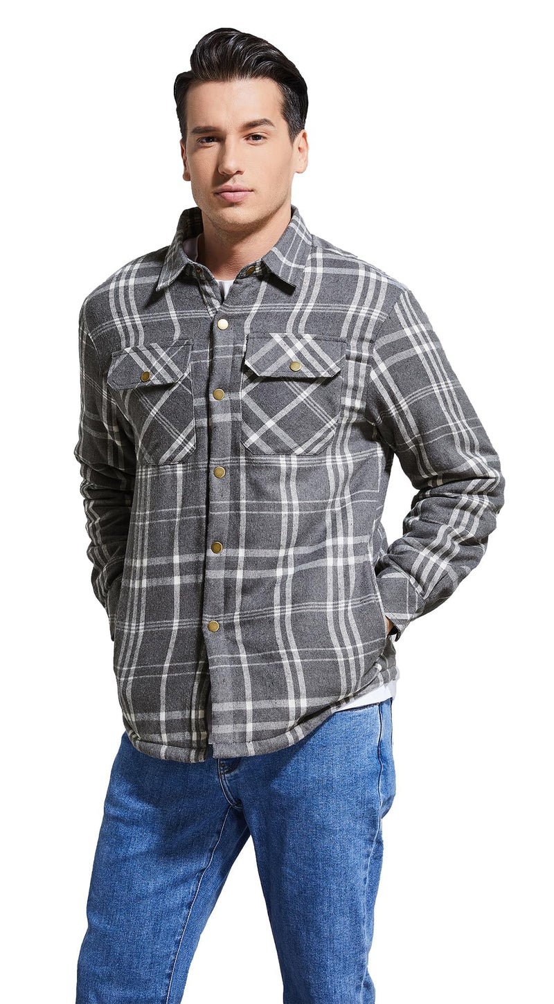 Puwasa Men's Sherpa Lined Cotton Flannel Shirt Jacket Plaid Button Up Jacket Coat for Men with Pocket Grey Medium - Image 3