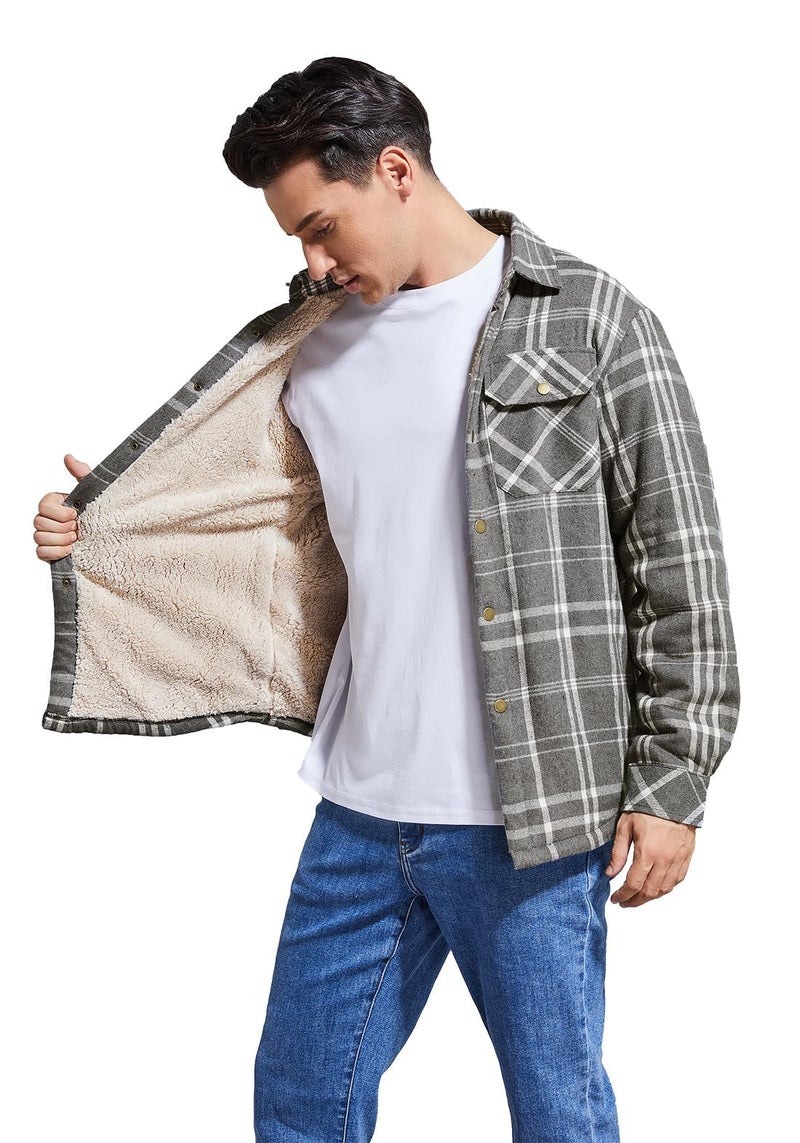 Puwasa Men's Sherpa Lined Cotton Flannel Shirt Jacket Plaid Button Up Jacket Coat for Men with Pocket Grey Medium - Image 2