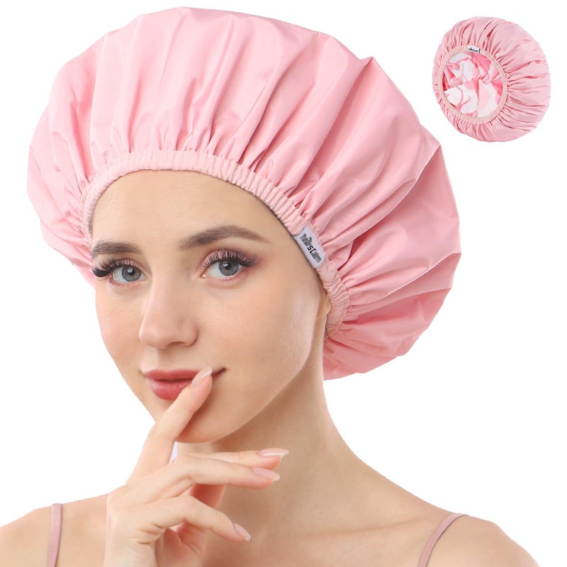 Years Calm Shower Caps For Women Reusable Waterproofï¼ŒPattern And Solid Color Dual-Layer Design For Dual-Layer Usableï¼ŒProtects Hair In Shower, Spa, Cooking, Clean & Travel (Pink, One Size) - Image 1