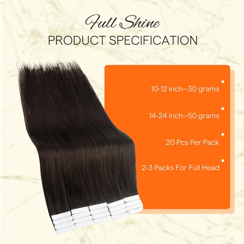 Fshine Full Shine Tape in Hair Extensions Color 2 Darker Brown Seamless Skin Weft Human Hair Tape in Extensions 14 Inch Invisible Soft and Silky Remy Extensions for Women Real Hair 50 Grams 20 PCS - Image 3
