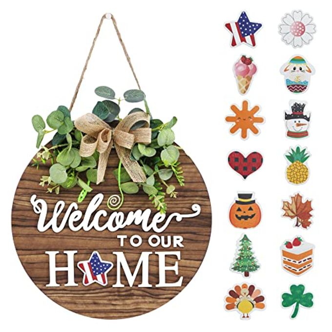 INTERCHANGEABLE SEASONAL WELCOME SIGN FRONT DOOR DECORATION RUSTIC ROUND WOOD WREATHS WALL HANGING OUTDOOR FARMHOUSE PORCH FOR SPRING SUMMER FALL ALL SEASONS HOLIDAY HALLOWEEN CHRISTMAS