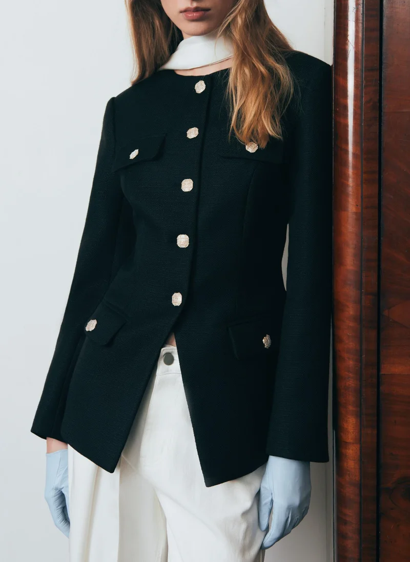 Lichi Fitted tweed jacket with rhinestone buttons