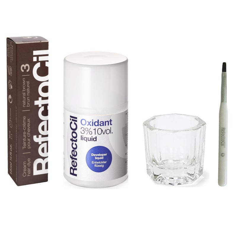 RefectoCil Natural Brown (#3) Hair Tinting Kit Includes Cream Hair Dye + Liquid Oxidant 3% + Mixing Brush & Mixing Dish - Image 1