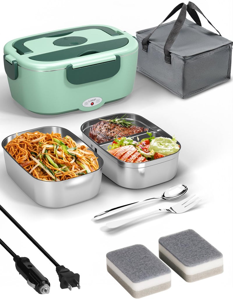 Sitlais Heated Lunch Box for MenWomen 80W Electric Lunch Box for Adults with Dual 15L 304 Stainless Steel Containers Fast Heating Portable Food Warmer for CarTruck lonchera elctrica porttil