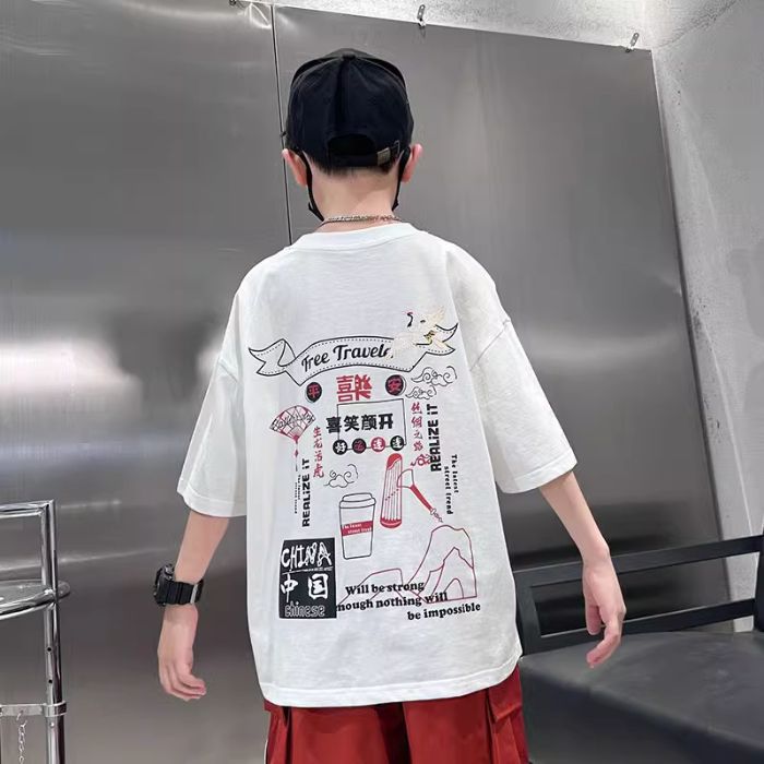 Boys' Pure Cotton T-Shirt 2026 New Summer Print For Older Children, Boys' Short-Sleeve Top, Thin And Trendy - Image 1