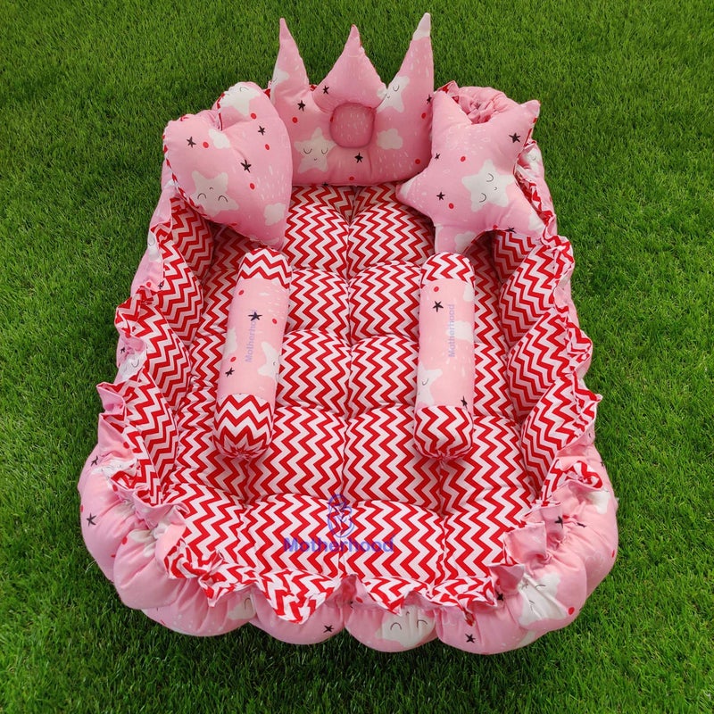 MOTHERHOOD MOTHERHOOD Rectangle Baby Tub Bed 5 Baby Pillow Luxury Baby Mattress Bed Sleeper Bedding Set coSleeper Safe Cotton Fabric with RFilled UltraSoft Comfortable for Newborn to Toddlers Pink - Image 1