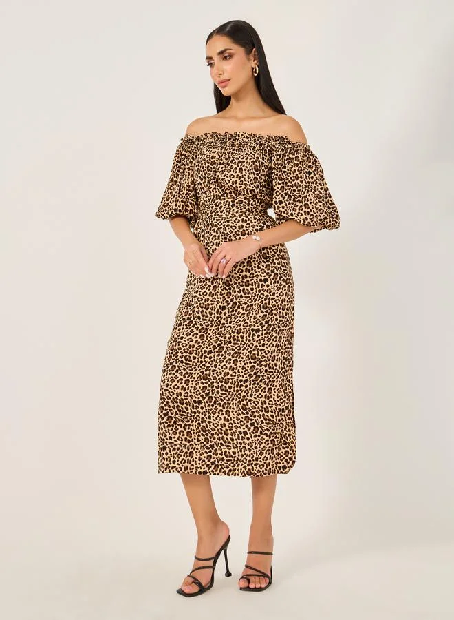Styli Off-Shoulder Leopard Dress