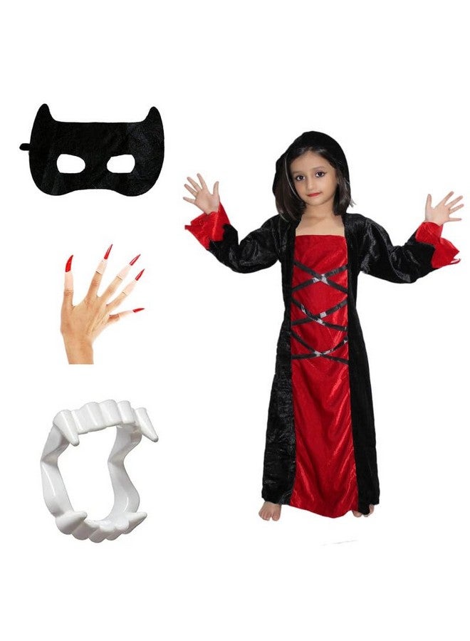 Kaku Fancy Dresses Kaku Fancy Dresses Polyester Scary Halloween Cosplay Red Black Witch Costume Gown With Teeth, Mask & Nail Set For Kids - Image 1