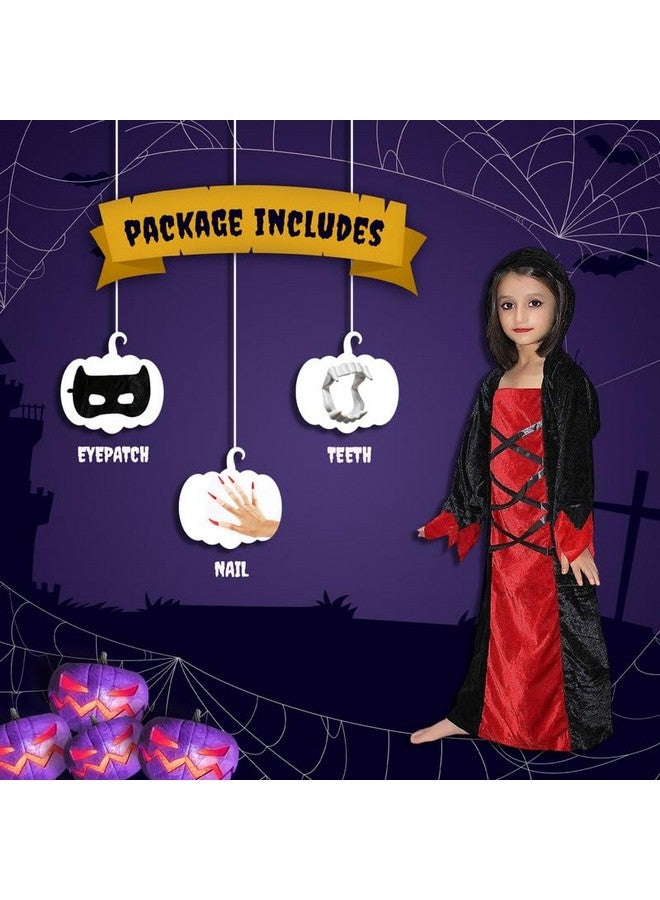 Kaku Fancy Dresses Kaku Fancy Dresses Polyester Scary Halloween Cosplay Red Black Witch Costume Gown With Teeth, Mask & Nail Set For Kids - Image 2