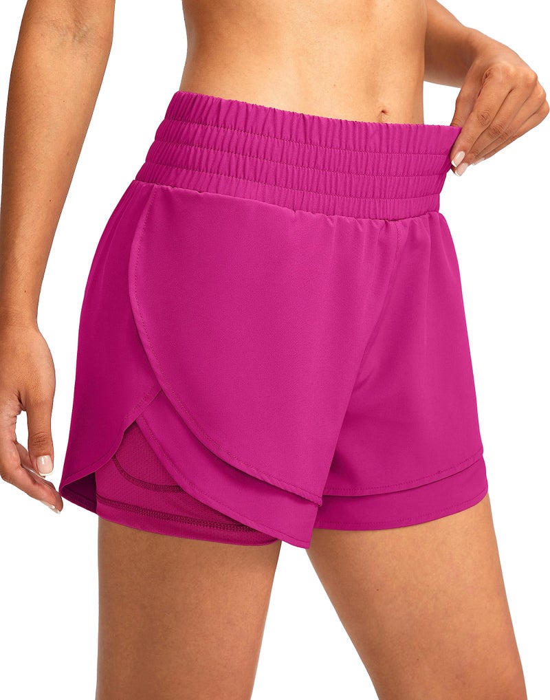 Soothfeel Women's 2 in 1 Running Shorts High Waisted Athletic Shorts Exercise Gym Workout Shorts for Women with Pockets Rose - Image 1