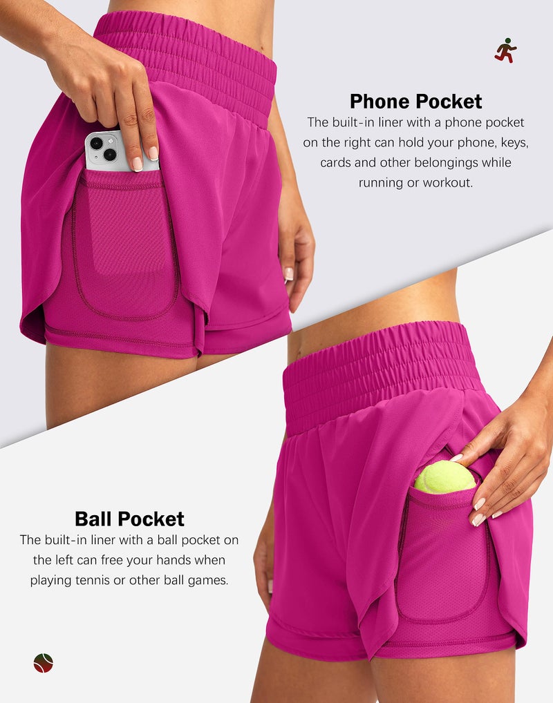 Soothfeel Women's 2 in 1 Running Shorts High Waisted Athletic Shorts Exercise Gym Workout Shorts for Women with Pockets Rose - Image 4