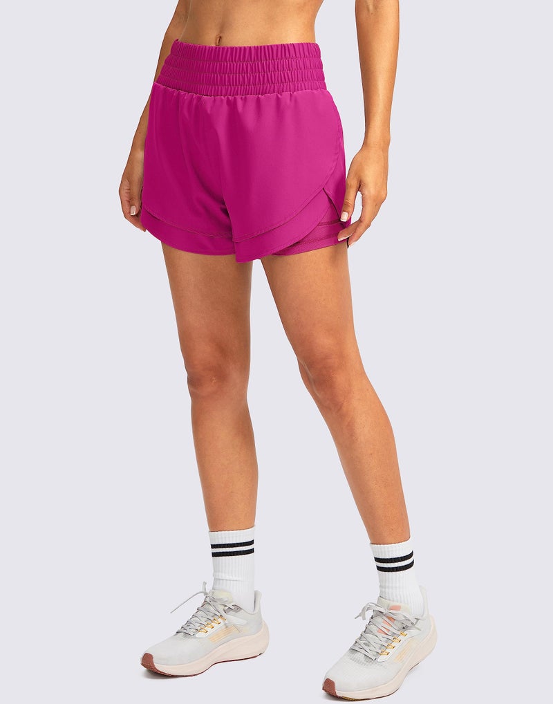 Soothfeel Women's 2 in 1 Running Shorts High Waisted Athletic Shorts Exercise Gym Workout Shorts for Women with Pockets Rose - Image 2