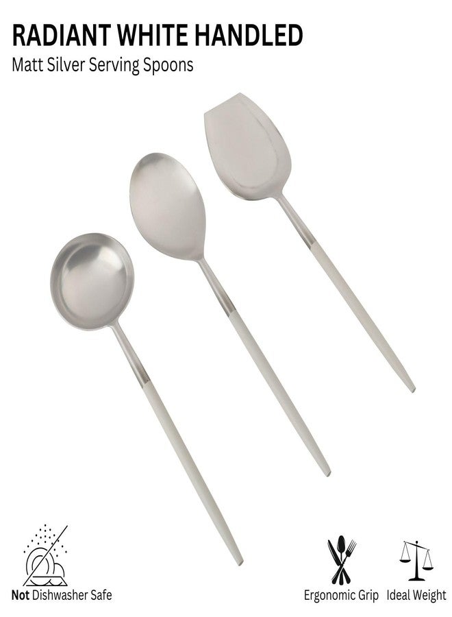 VarEesha Radiant White Handle Matt Steel Serving Spoons Set of 3 | Elegant Lead Free Stainless Steel Server Set for Dinner| Serving Spoons for Dining Table| Cutlery for Gifting - Image 2