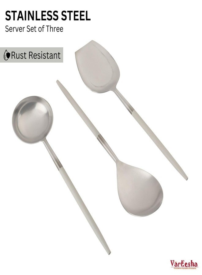 VarEesha Radiant White Handle Matt Steel Serving Spoons Set of 3 | Elegant Lead Free Stainless Steel Server Set for Dinner| Serving Spoons for Dining Table| Cutlery for Gifting - Image 4