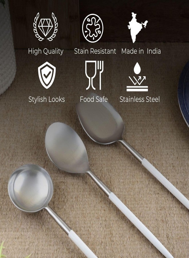 VarEesha Radiant White Handle Matt Steel Serving Spoons Set of 3 | Elegant Lead Free Stainless Steel Server Set for Dinner| Serving Spoons for Dining Table| Cutlery for Gifting - Image 5