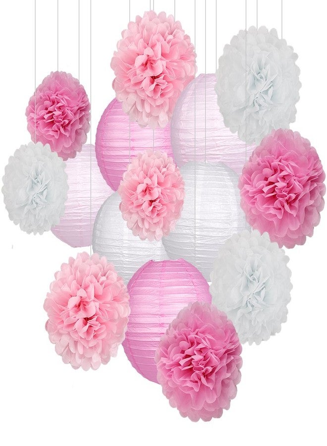 Zilue 15Pcs Party Pack Paper Lanterns and Pom Pom Balls Hanging Decoration for Wedding Birthday Baby Shower-Pink/White - Image 1
