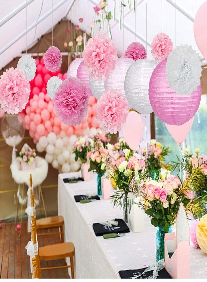 Zilue 15Pcs Party Pack Paper Lanterns and Pom Pom Balls Hanging Decoration for Wedding Birthday Baby Shower-Pink/White - Image 3